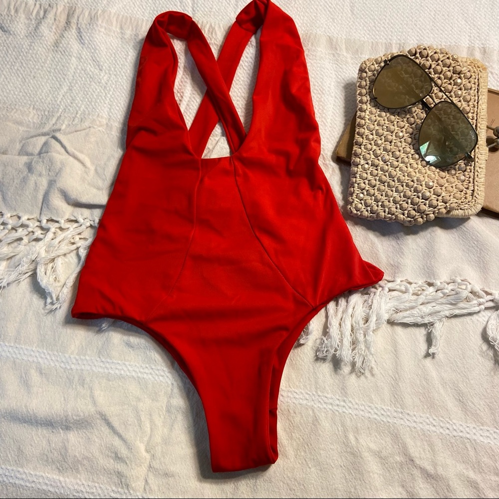 Palm• Vivid Red One Piece swimsuit with Plunging neckline and low back